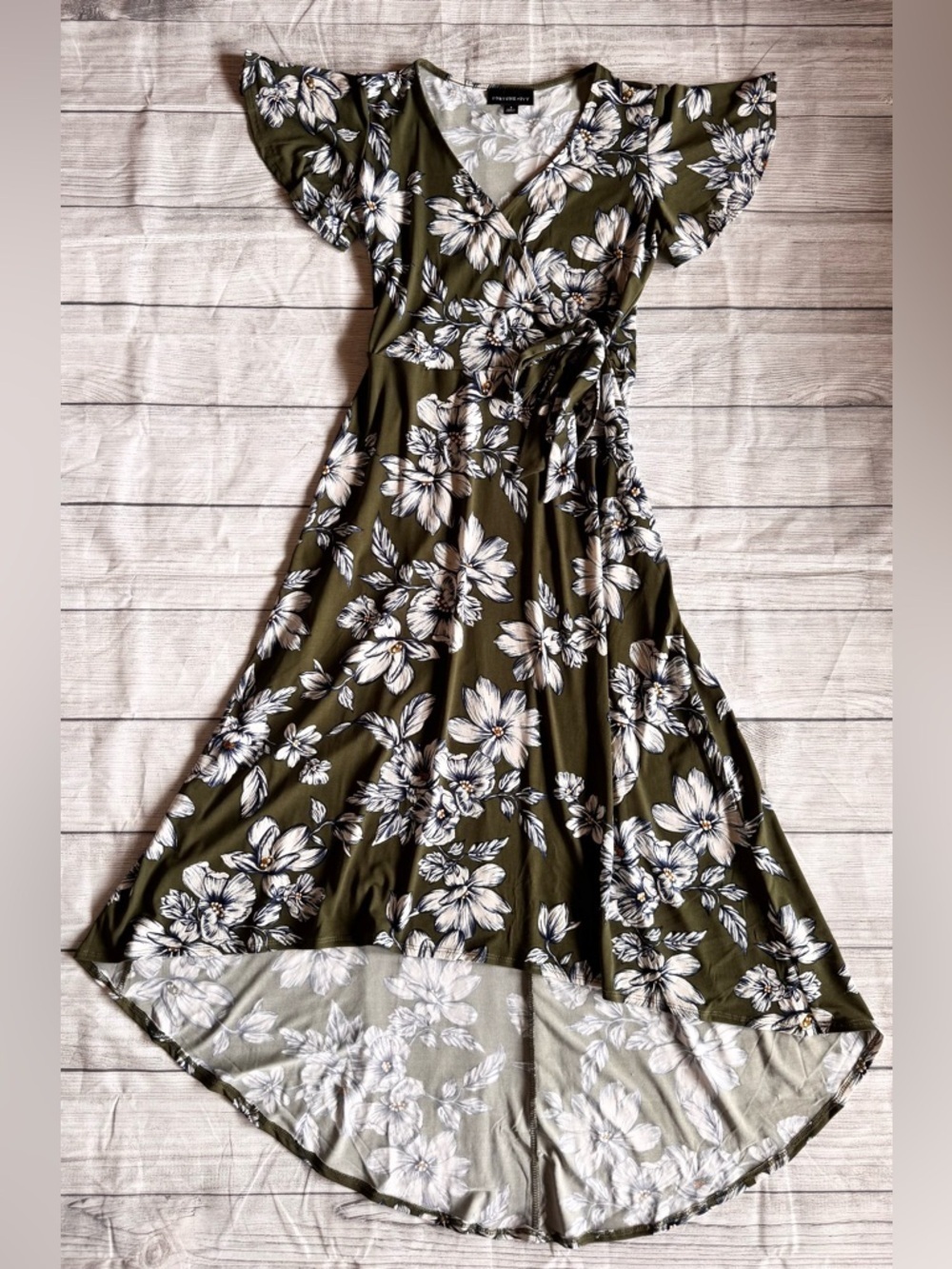 Fortune + Ivy Floral Wrap Dress Green White Midi Hi Low Short Sleeve Size S - Picture 5 of 11